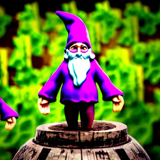 Image similar to purple gnome controlling spirits to fight off tree people in a winery. fantasy