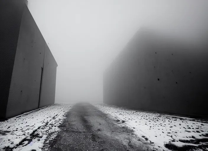 Prompt: high resolution black and white photography with a 3 5 mm f / 2 2 lens of brutalist architectural buildings in romania in the middle of nowhere in the 8 0's, there is fog and snow. fine art photography and very detailed and sad.