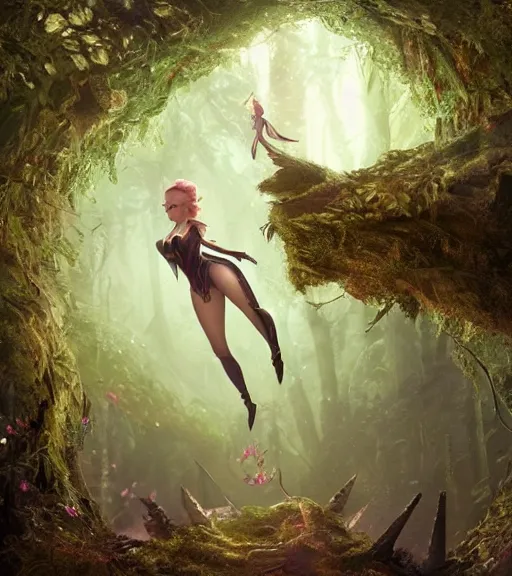 Image similar to evil tinker bell flying in an enchanted forest, flawless symmetrical pretty cute face, greg rutkowski, 8 k, shallow depth of field, intricate detail, concept art,