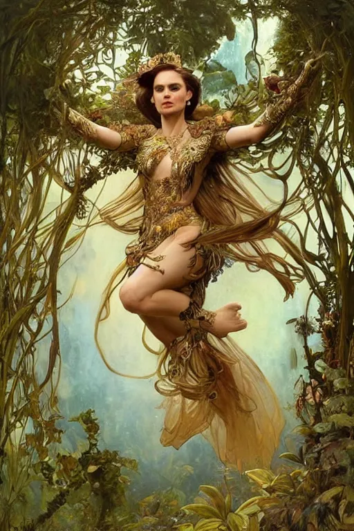 Image similar to natalie portman as queen of the jungle, jumping, midair, full figure, painted by nekro, alphonse mucha, dark - fantasy, intricate detail, artstation, cgsociety, rococo, gold leaf art