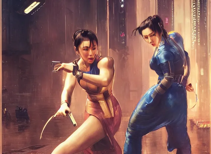 Image similar to chun li confronts thugs ( blade runner 2 0 4 9, cyberpunk 2 0 7 7 character design ). orientalist portrait by john william waterhouse and james gurney and theodore ralli and nasreddine dinet, oil on canvas. cinematic, hyper realism, realistic proportions, dramatic lighting, high detail 4 k