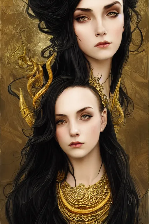 Prompt: a beautiful woman with long black hair, big symmetrical natural ram horns on her head, flowing dress, gold jewellery, dnd, face, fantasy, intricate, elegant, highly detailed, digital painting, artstation, concept art, smooth, sharp focus, illustration, art by artgerm and greg rutkowski and alphonse mucha