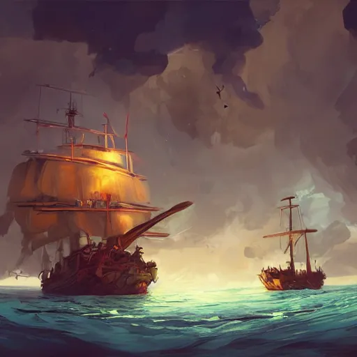 Image similar to two large pirates ship floating on top of a body of water, fighting each other, pirates flag , cgsociety, fantasy art, 2d game art, concept art , ambient occlusion, bokeh, behance hd , concept art by Jesper Ejsing, by RHADS, Makoto Shinkai Cyril Rolando