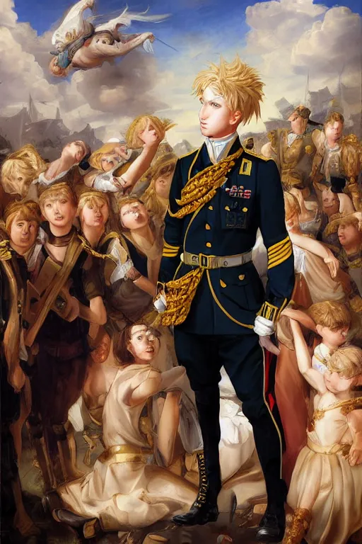 Prompt: baroque oil painting of key visual concept art, portrait of stern anime girl blonde hair blue eyes wearing formal military dress uniform saluting at a full honors military funeral, somber, rule of thirds golden ratio, fake detail, trending pixiv fanbox