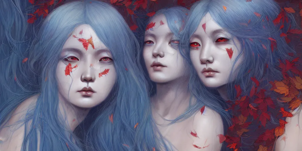 Image similar to breathtaking detailed concept art painting pattern of blue hair faces goddesses amalgamation autumn leaves with anxious piercing eyes, by hsiao - ron cheng and james jean, bizarre compositions, exquisite detail, extremely moody lighting, 8 k