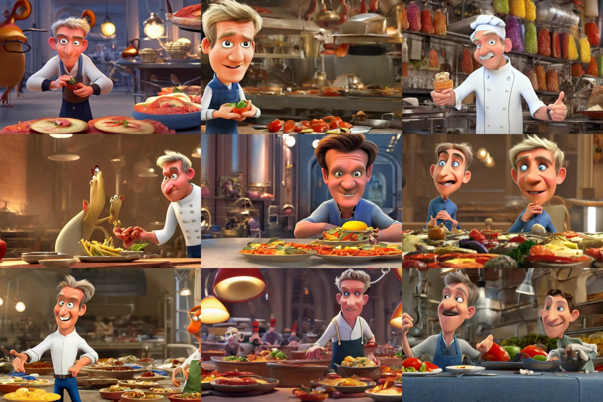 Prompt: a promotional still of gordon ramsey in the movie ratatouille by pixar. 4 k, very detailed, cartoon carticature, great likeness