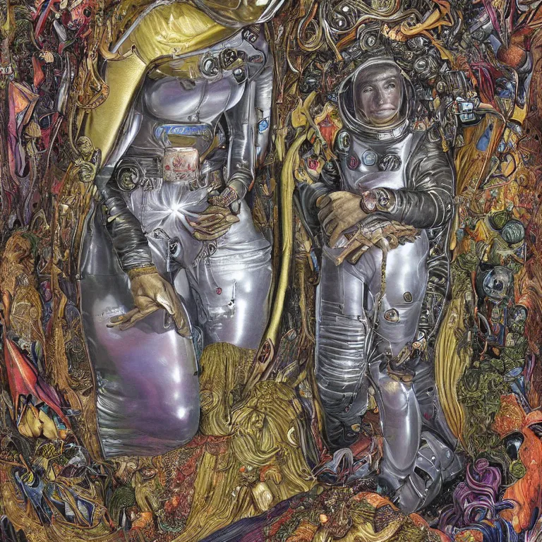 Prompt: portrait painting by wayne barlow and carlo crivelli and glenn fabry, a woman in a skintight silver shining spacesuit with colorful iridescent detailing, covered in bright colorful alien flora and fauna inside a massive cavernous metal dome