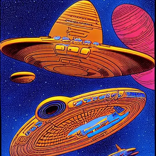 Image similar to the crew of the enterprise - d on the style of jean giraud moebius