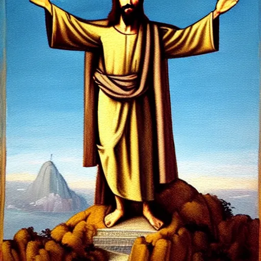 Prompt: a painting of a humanized version of christ the redeemer in rio de janeiro, renaissance style