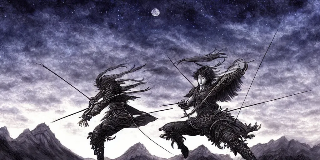 Image similar to korean archer. dragon. night sky. moon. mountain. dark fantasy. high resolution. epic fight. detailed. digital art. by kentaro miura