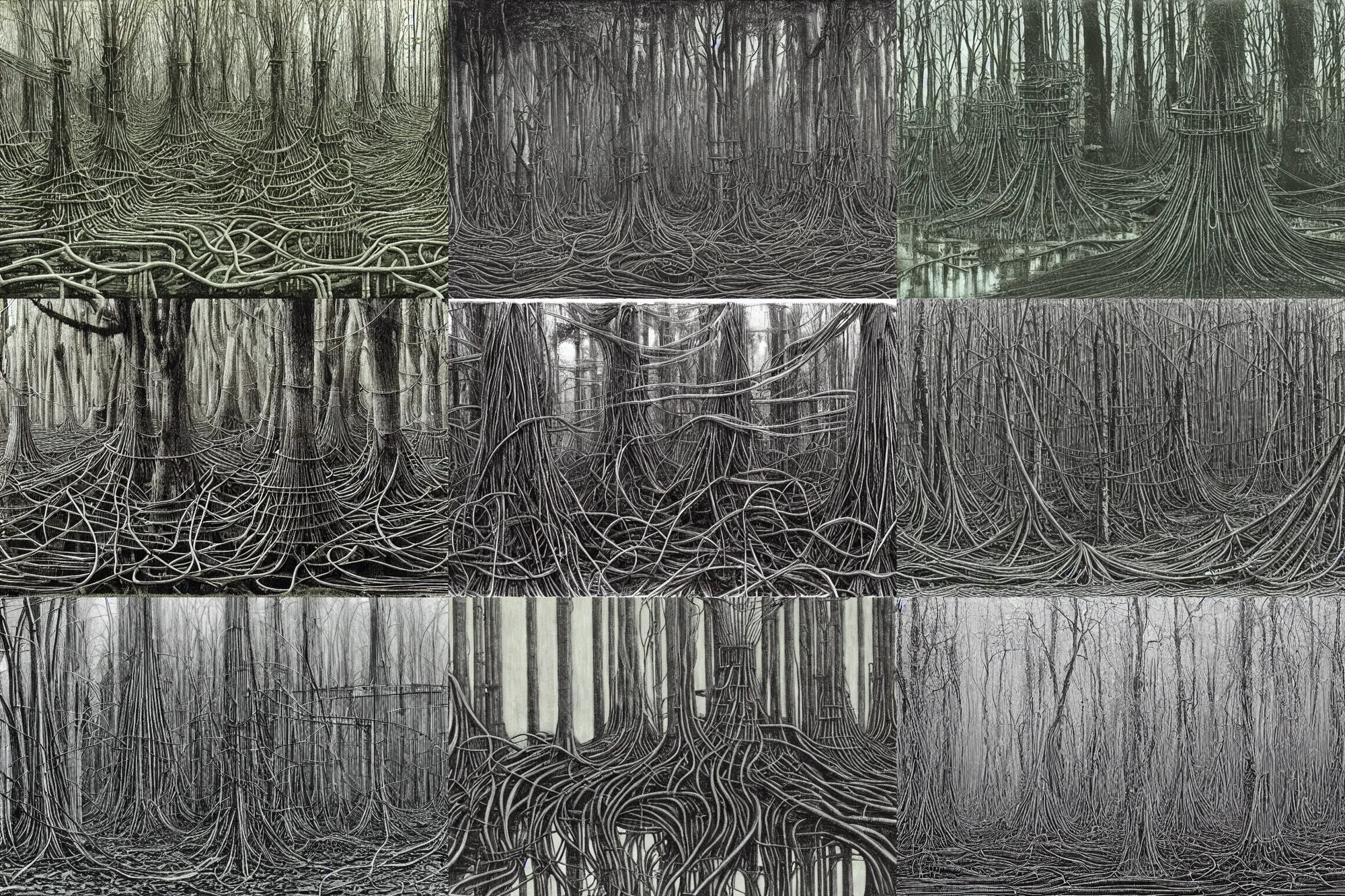 Prompt: Swamp full of trees made out of wires and pipes with a clearing and ancient temple in the center, h.r Giger