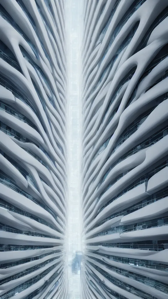 Image similar to the inside of a very tall building, big pods, big windows, octane render, white, cyberpunk architecture by zaha hadid, cinematic, scenery, unreal engine, render, cgsociety, modernism, futuristic, artstation, sci - fi, high detail, high quality, close up angle, people ground floor