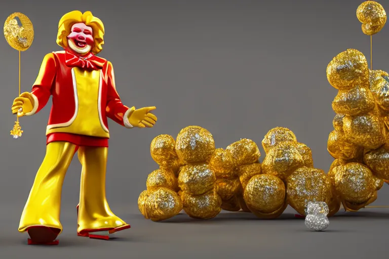 Image similar to a still of ronald mcdonald surrounded by gold and diamonds, award - winning, photograph, 3 d render, unreal engine, 4 k detailed