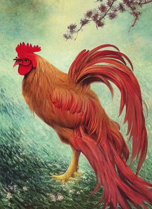 Image similar to a gorgeous paradise rooster japanese art is looking at a bird, ethereal, horror, fantasy art by greg rutkowski and magali villeneuve and claude monet