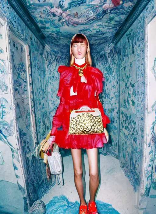 Prompt: a beautiful girl in a gucci outfit is manifesting a new city, mini magic city, hidden doors with secret surprises, magical details, high detail, 8 k, perfect faces, photographed by maurizio cattelan and pierpaolo ferrari, and petra collins