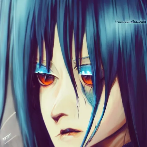 Image similar to full face shot of rimuru tempest, sky blue straight hair, long bangs, with amber eyes, wearing a fancy black jacket, high collar, ultra detailed, brush strokes, digital painting, cinematic, wlop artstation, closeup, pixiv, eerie, scary, intimidating glare, evil, yoshitaka amano, junji ito,