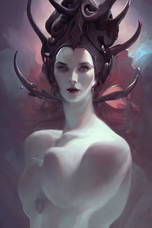 Image similar to a digital painting of a woman with horns on her head, concept art by peter mohrbacher, featured on cgsociety, fantasy art, cosmic horror, artstation hd, dark and mysterious