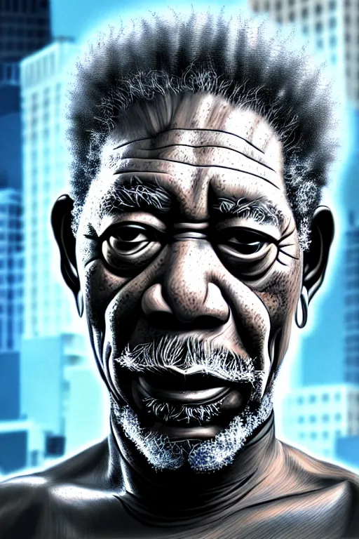 Image similar to a very detailed portrait of a old African man, Morgan Freeman, with dreadlocks, biotech, machine, photorealistic, highly detailed rendering with a cyberpunk style_ robotic arms, dramatic cinematic lighting