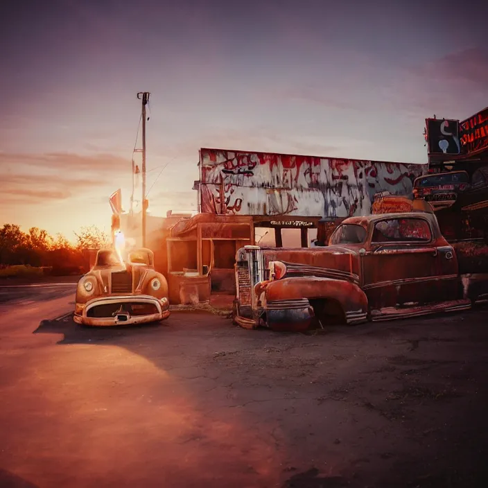 Image similar to a sunset light landscape with historical route 6 6, lots of sparkling details and sun ray ’ s, blinding backlight, smoke, volumetric lighting, colorful, octane, 3 5 mm, abandoned gas station, old rusty pickup - truck, beautiful epic colored reflections, very colorful heavenly, softlight