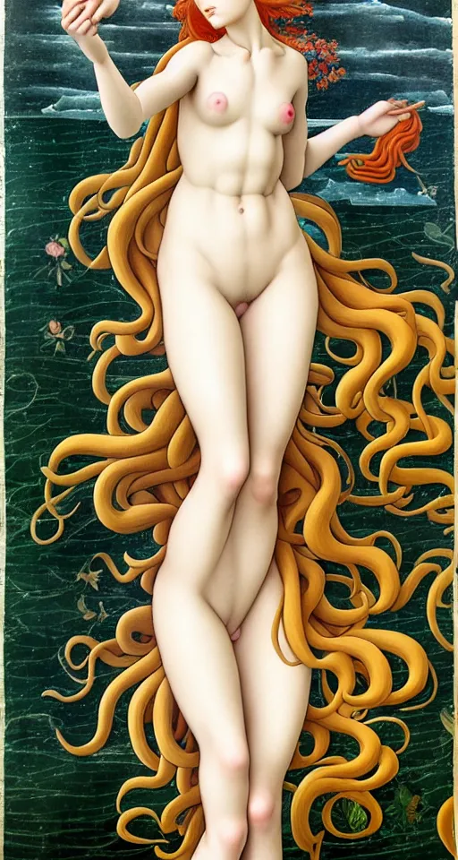 Image similar to 12 figures, representing the 4 seasons, (3 as Spring), (3 as Summer), (3 as Autumn) and (3 as Winter), in a mixed style of Botticelli and Æon Flux, inspired by pre-raphaelite paintings, shoujo manga, and Möbius, stunningly detailed, elaborate inking lines, pastel colors, 4K photorealistic