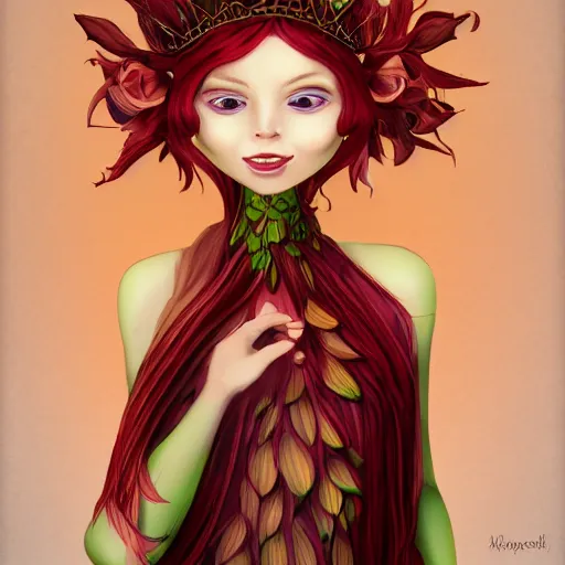 Image similar to cell shaded humanoid onion goddess, flower vine dress, crown, artstation, 4 k gorgeous, smiling, red hair