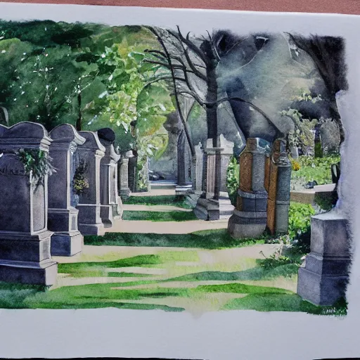 Prompt: water color on paper, walk in the cemetery, highly detailed, artstation, masterpiece, award - winning,