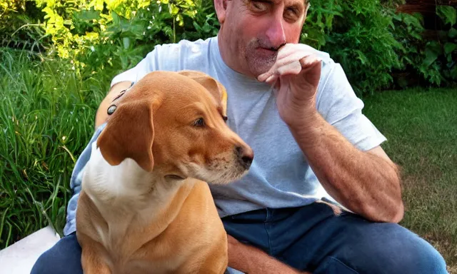 Image similar to My dad Steve just took a hit from the bongo and have good time being gracefully relaxed in the garden, sunset lighting. My second name is Carell. My dad second name is Carell. Im the dog and Steve Carell is my dad. Detailed face. Hairy calves