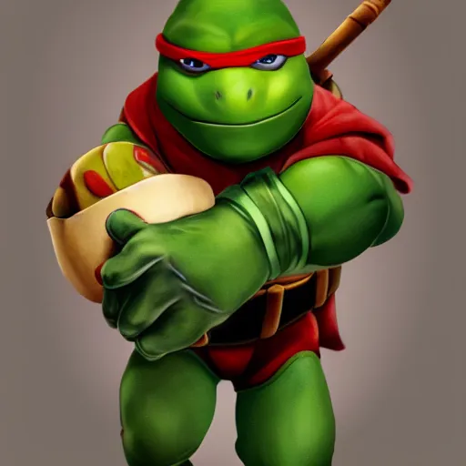 Image similar to teenage mutant ninja turtle michaelangelo holding frying pan full of doornails, wearing white chef hat, volumetric lighting, realistic, photo, artstation