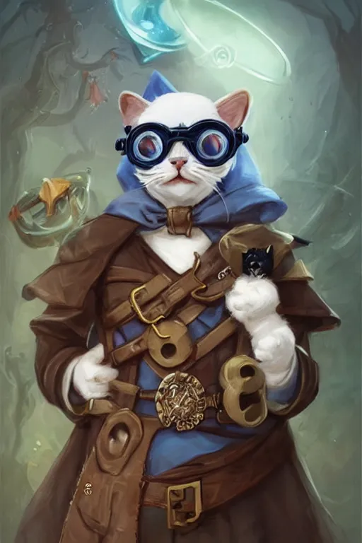 Image similar to cute anthropomorphic tuxedo cat wearing a cape and a goggles and holding a flower , miniature, baby animal, short, blue armor, cute and adorable, pretty, beautiful, DnD character art portrait, matte fantasy painting, Cg society artstarion, by Jason Felix by Steve Argyle by Tyler Jacobson by Peter Mohrbacher, cinematic lighting