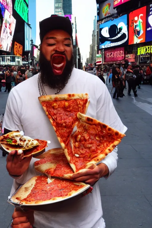 Prompt: a Cthulhu rapper eating pizza in Times Square