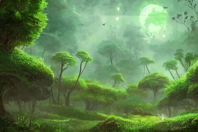 Image similar to green themed mechanical forest landscape, meteor shower, epic, miyazaki style, cinematic, indie, highly detailed, featured on artstation, highly detailed, abstract