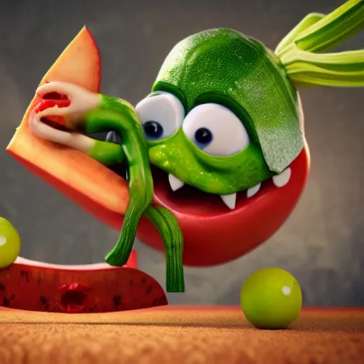 Image similar to detailed 3 d render of an angry zucchini character with a bloody knife in his hand, chasing after a tomato figure scared to death, hyper realistic octane render, dramatic scene, nightmare, surrealism, pixar, disney, cartoon