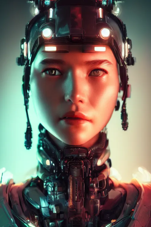 Prompt: beautiful close - up portrait of a cyborg mercenary girl, art by wlop, liam wong, cyberpunk, neon, combat armor, head and shoulders, intricate details, trending on artstation, sharp focus, caustics, octane render, radiant light, 4 k