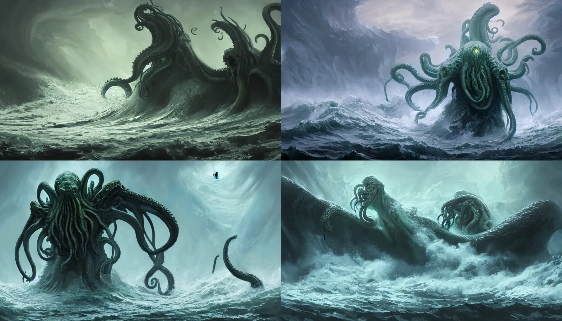 Prompt: concept art of cthulhu god emerging from a tumultuous sea by eddie mendoza, masterpiece, atmospheric, vivid