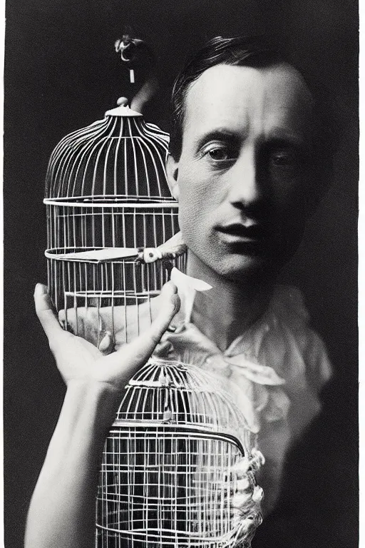 Prompt: ultra realistic vintage photo portrait of a man with a birdcage through his body, by Irving Penn, with a birdcage through his chest