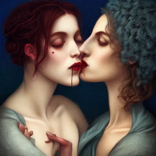 Image similar to a portrait of two women kissing in the style of tom bagshaw