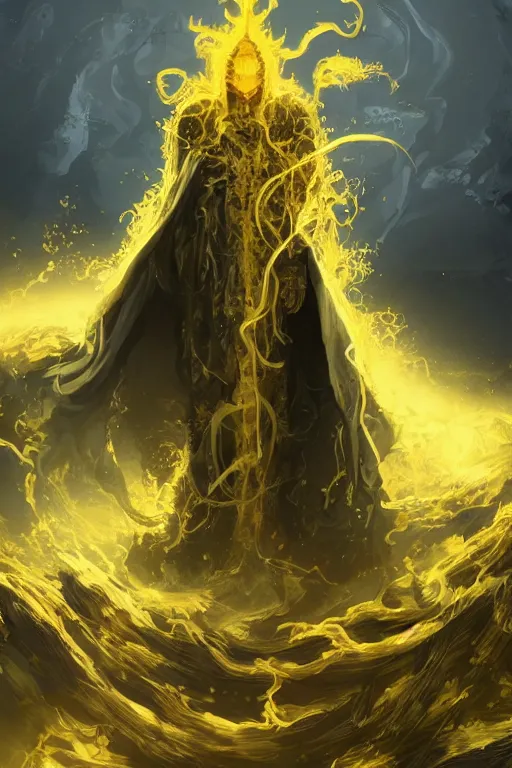 Image similar to A full body portrait of a mysterious character with no face with a very long hooded yellow cloak, a golden crown floating above his head tentacles coming out the ground art by Maciej Kuciara and Jason Chan, ominous, cosmic horror, trending on artstation, Ultra detailed, hyper realistic 4k