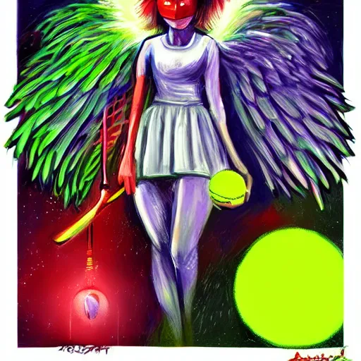 Image similar to a tennis ball monster with angel halo and wings,tennis ball,colorful, digital art, fantasy, magic, trending on artstation, ultra detailed, professional illustration by Basil Gogos