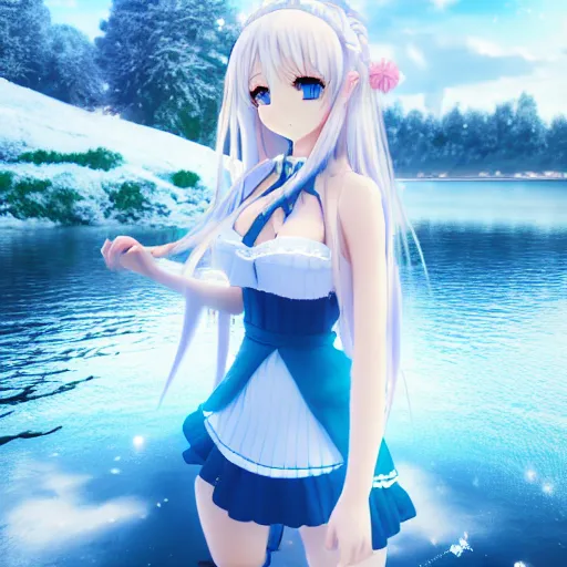 Prompt: render as a very beautiful 3d anime girl, long braided hair, azure blue eyes, full round face, short smile, white dress, ice snowy lake setting, cinematic lightning, medium shot, mid-shot, highly detailed, trending on Artstation, Unreal Engine 4k, cinematic wallpaper