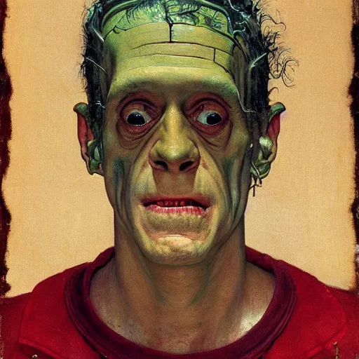 Prompt: Frontal portrait of a frankenstein. A portrait by Norman Rockwell.