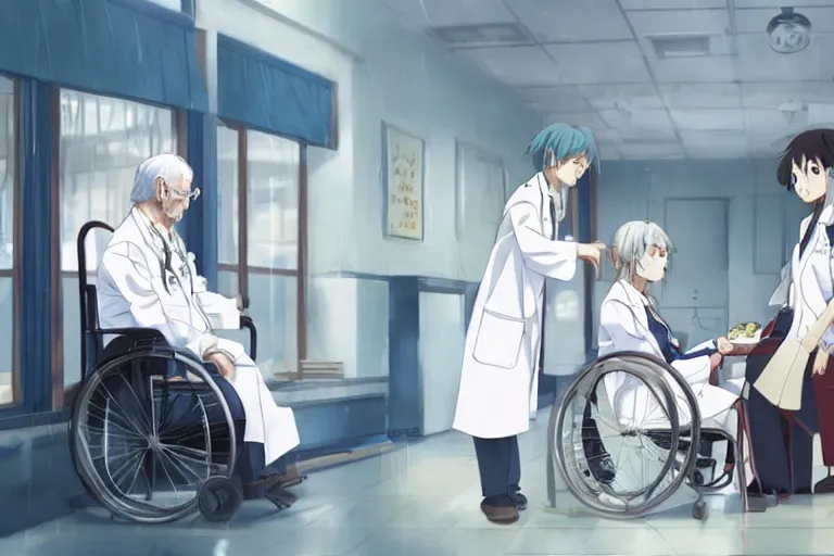 Image similar to a cute young female doctor wearing white coat are serving an old man in a wheelchair in a hospital ward, slice of life anime, cinematic, anime scenery by Makoto shinkai