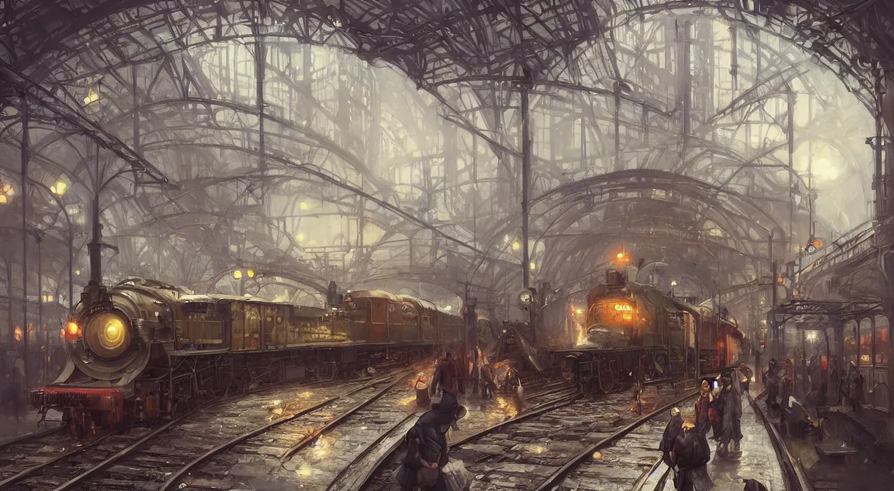 Image similar to subway station with an arriving steam train, highly detailed, digital painting, artstation, concept art, smooth, sharp focus, steampunk illustration, art by greg rutkowski and alphonse mucha