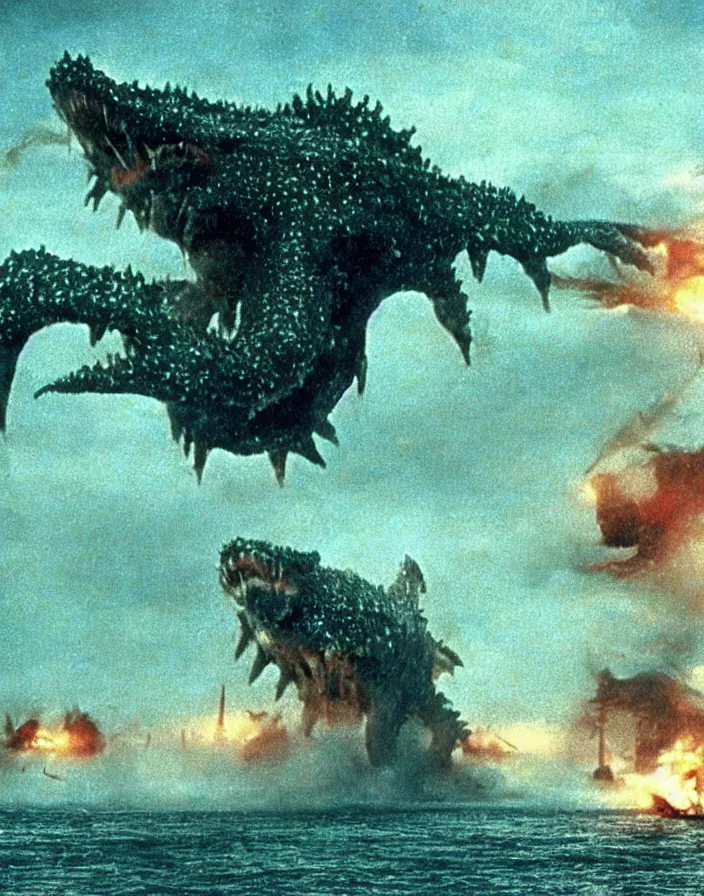 Image similar to a filmstill of a north korean monster movie, kaiju - eiga monster starfish - like trampling a traditional korean palace, foggy, film noir, epic battle, etheral, explosions, thriller, by akira kurosawa and wes anderson video compression