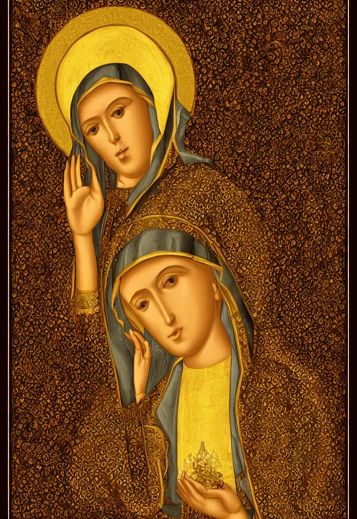 Prompt: saint mary reimagined as digital art by theophilia from deviantart, gold background, very detailed,