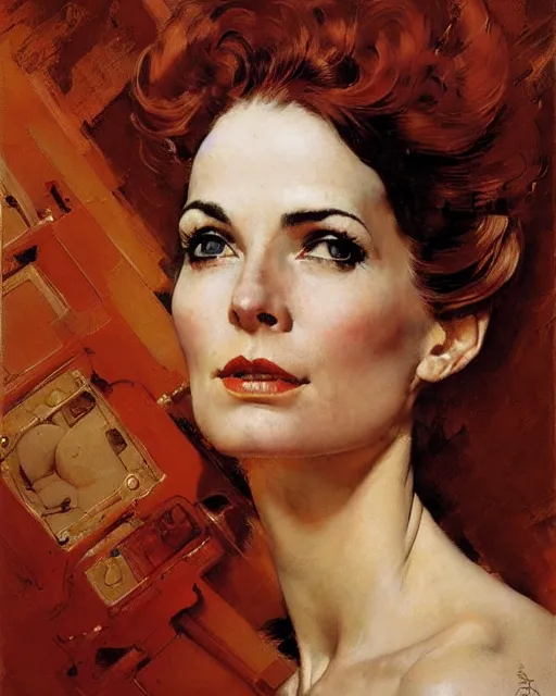 Image similar to head portrait of elegant striking mature space woman, dynamic, by norman rockwell, roberto ferri, daniel gerhartz, edd cartier, jack kirby, howard v brown, ruan jia, tom lovell, frank r paul, dean cornwell, astounding stories, amazing, fantasy, other worlds