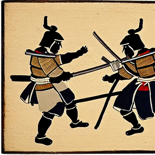 Prompt: two samurai battle each other, wood block painting style, outline style, hand drawn style, circa 1 5 0 0 s, history, scretch, dust, grain, noise, on wood