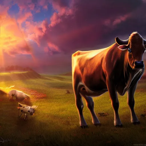 Prompt: fantasy cow looking at sunset, high detail, fantasy art, concept art, 4 k, ultra detail, computer art