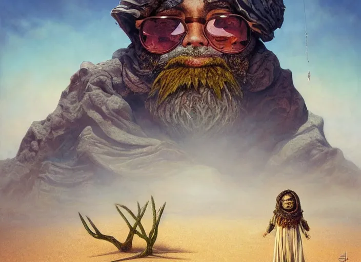 Image similar to a forgotten garden gnome surviving in a vast barren desert, hopeless wasteland background with a relentless raging sun overhead, hot, oppressive, an ultrafine detailed painting by by karol bak and filip hodas, trending on deviantart, pop surrealism, whimsical, lowbrow, perfect symmetrical face