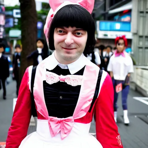 Image similar to martin shkreli in maid dress photographed at harajuku tokyo street fashion event,