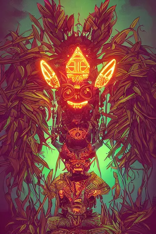 Image similar to totem animal tribal chaman vodoo mask feather gemstone plant wood rock video game illustration vivid color borderlands by josan gonzales and dan mumford radiating a glowing aura